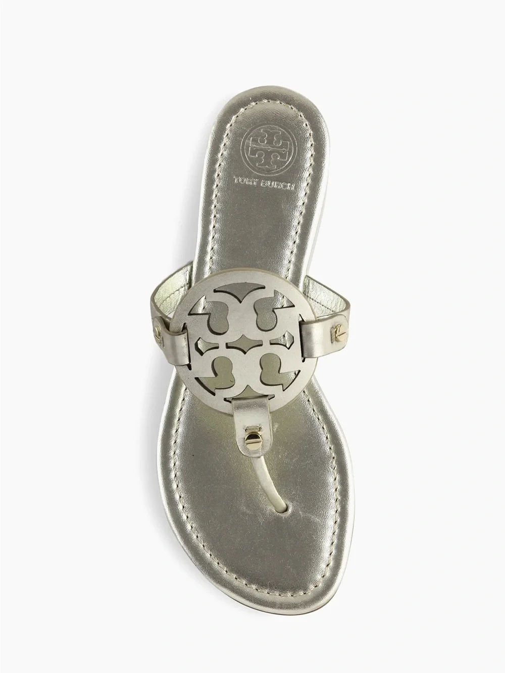 Tory Burch Metallic Silver Miller Logo Thong Sandal Have Some Rubs Size 6 1/2 M